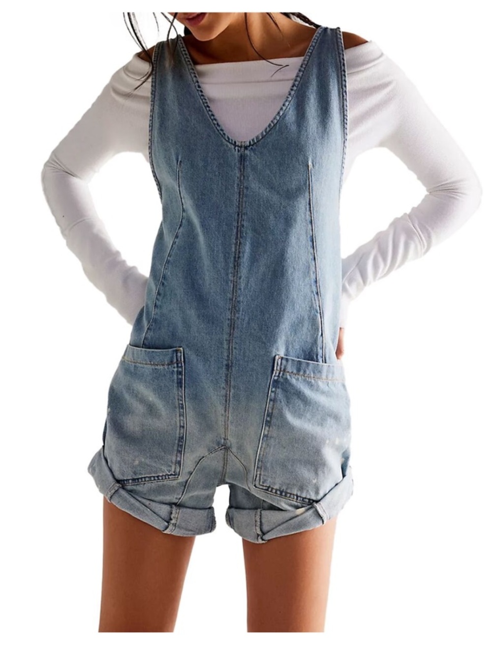 Free People Light Blue Denim Short Romper
